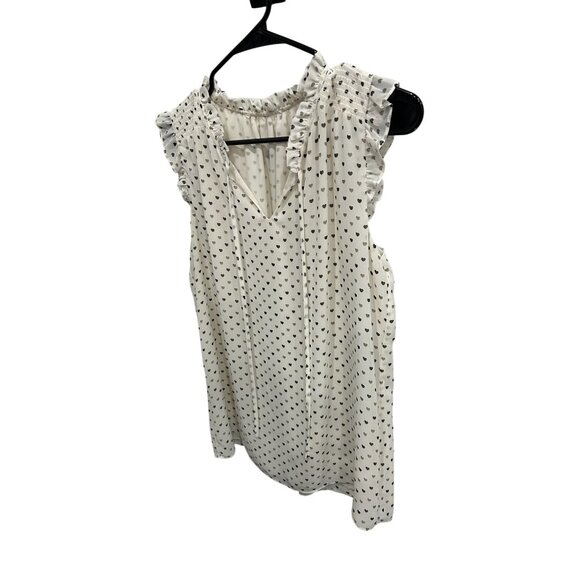 Heart-Printed Ivory Sleeveless Blouse With Ruffled Detail V-Neckline - Picture 3 of 9